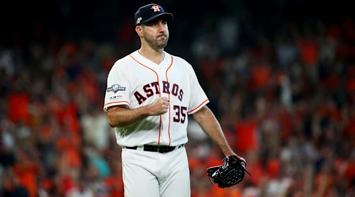 Oct 4, 2019; Houston, TX, USA; Houston Astros starting pitcher Justin Verlander (35) reacts after an Astros double play against the Tampa Bay Rays during the sixth inning of game one of the 2019 ALDS playoff baseball series at Minute Maid Park. Mandatory Credit: Troy Taormina-USA TODAY Sports